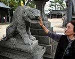 なでると御利益があるなどとされ、阪神ファンが優勝祈願に訪れたトラのこま犬＝６日、鳥取市賀露町北１丁目の賀露神社