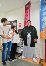 迫力ある伯桜鵬のパネルを見つめ、活躍を願うファン＝２１日、倉吉市役所第２庁舎