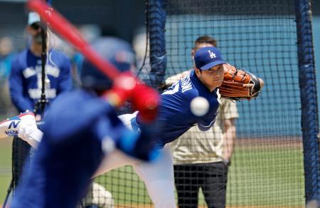 　実戦形式の練習に登板したドジャース・大谷＝ロサンゼルス（共同）