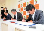 協定書に署名する（右から）堂脇鳥取支店長、川口会長、宮脇町長＝１３日、湯梨浜町役場