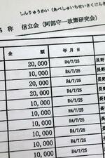 　建設会社代表らによる同じ日付の個人献金が並んだ「信立会（阿部守一政策研究会）」の政治資金収支報告書