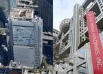 　東京・汐留の日本テレビ本社（左、２０２２年１０月）と東京・台場のフジテレビ本社（２０２５年３月）