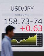 　１５８円台で推移する円相場を示すモニター＝１６日午後、東京都中央区