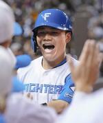　２回、２ランを放ちベンチで迎えられる日本ハム・清宮幸＝台北ドーム（共同）