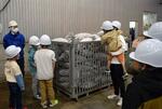 　山福水産の低温倉庫で、かごに入った冷凍のカツオをみる参加者＝３月、静岡県焼津市